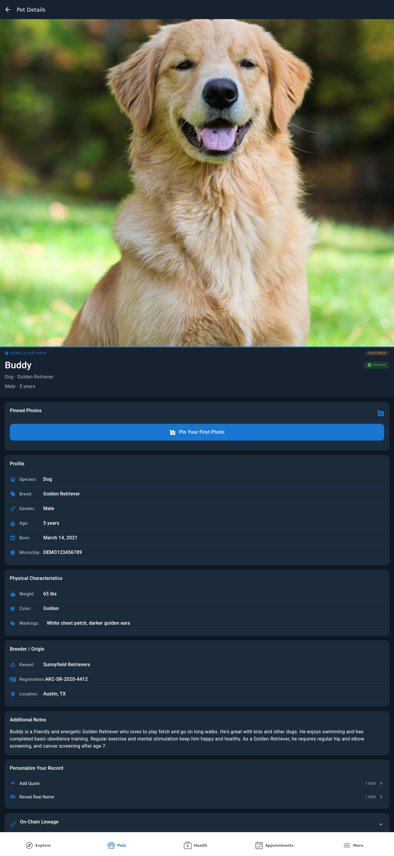 Pet Ledger app screen showing a pet record