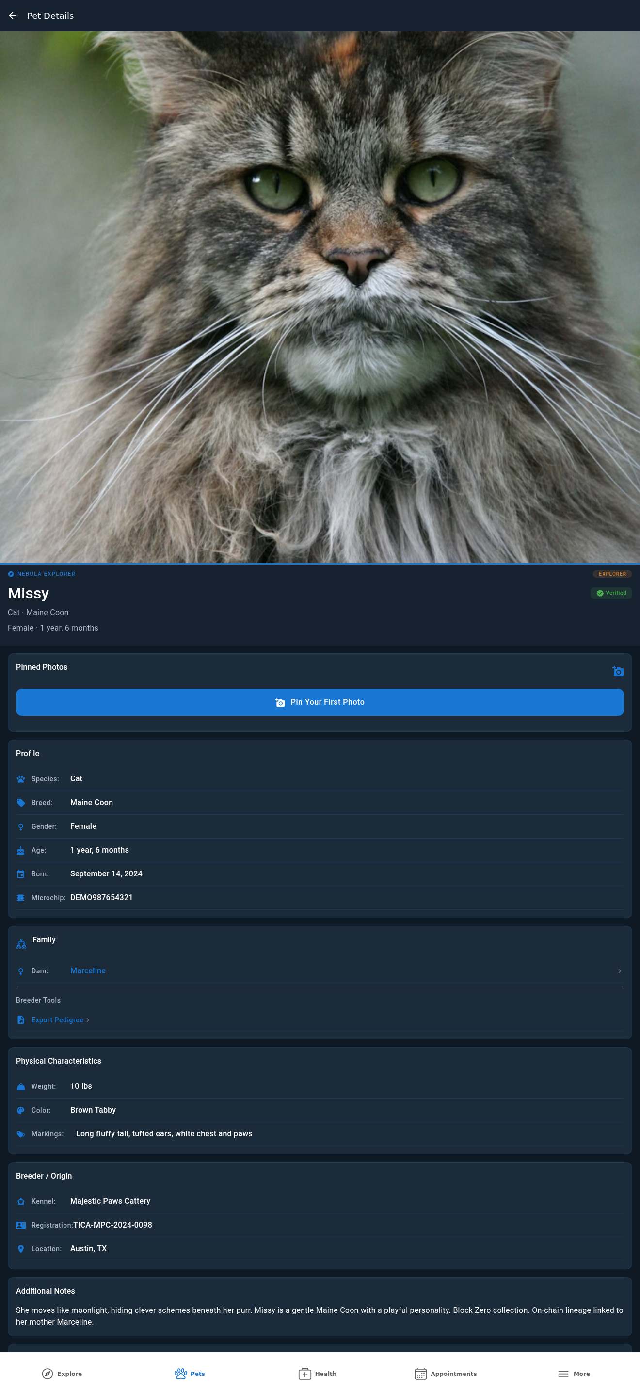 Pet Ledger verified record screen for breeder handoff