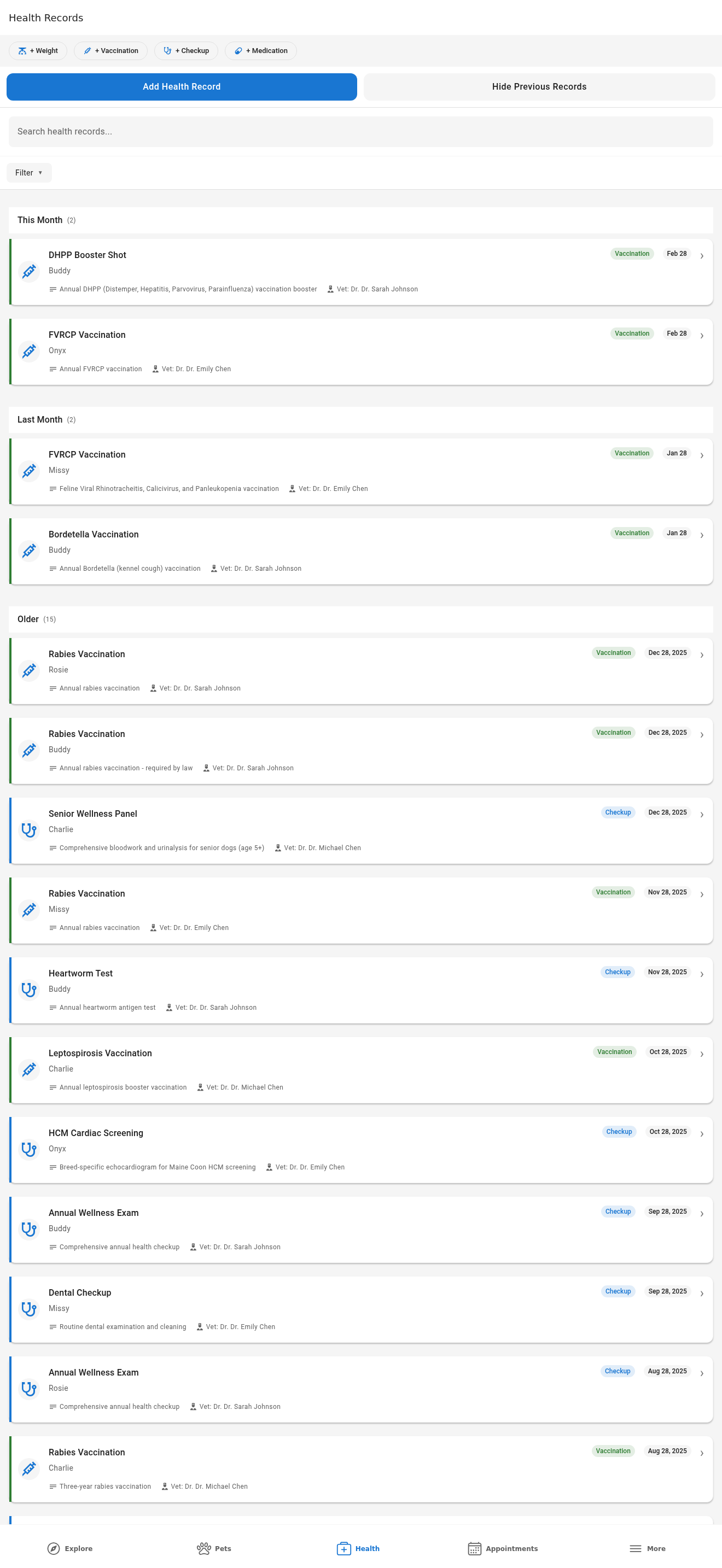 Pet Ledger health records screen